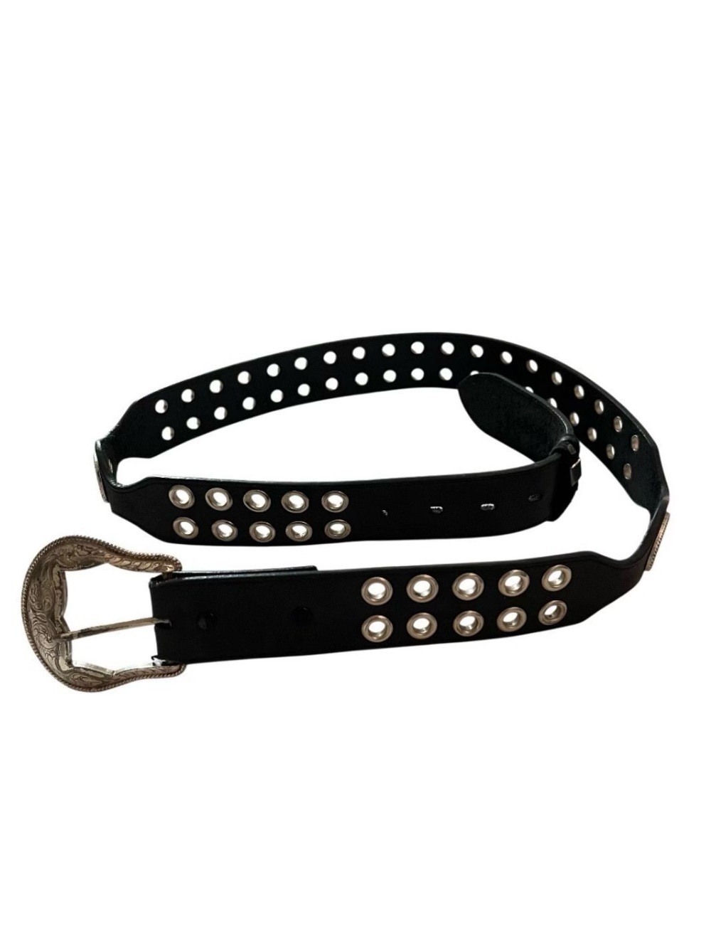 CINCH Western Black Leather Belt Grommet Studs Metal Logo Plate Removable Buckle